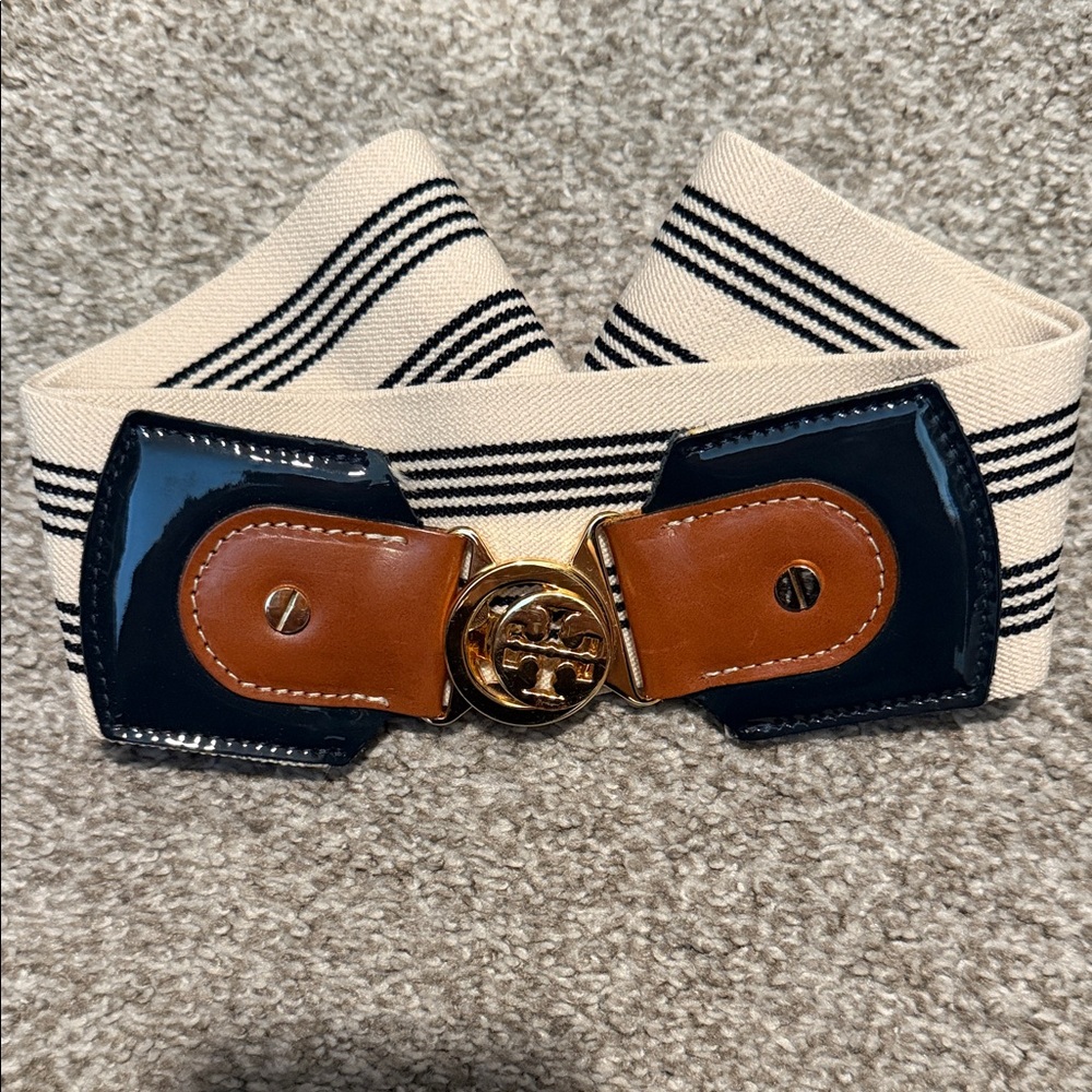 Tory Burch elastic Striped Belt with Gold Buckle